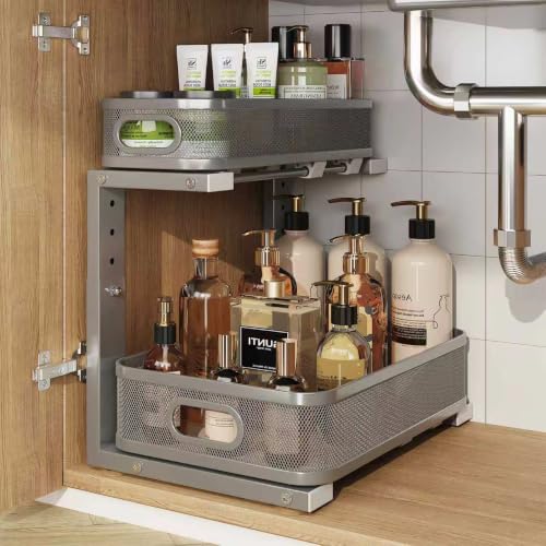 Image of 1 Pack 15.7IN-Depth Under Sink Organizer With Smooth Cylindrical Rail,2-Tier Pull Out Multi-Purpose Cabinet Storage for Bathroom&Kitchen,Height Adjustable,Rust-resistant Coating-Gun Gray