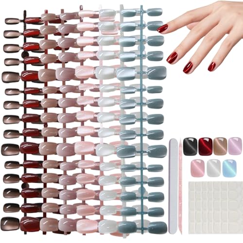 AIBEE Cat Eye Press on Nails-7 Colors Press On Nails Short Square 210Pcs Reusable Fake Nails Tips with 7pcs Glue Stickers for Daily Wear Parties Dates Holidays Fit Most Nail Sizes for Women Girls