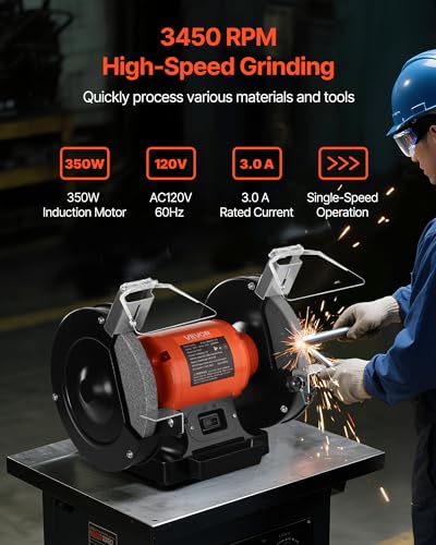 Image of VEVOR Bench Grinder, 8-inch Single Speed Bench Grinder, 3450RPM High-Speed Table Grinders with 350W 3.0A Induction Motor, 36 /60-Grit Grinding Wheel & Adjustable Eye Shield for Fast Sharpening Grinding
