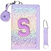 Girls Wallet for Kids Initial Glitter Wallets Trifold with Zipper and Card Slots Including Neck Lanyard and Hanging Strap, Pink Purple, S