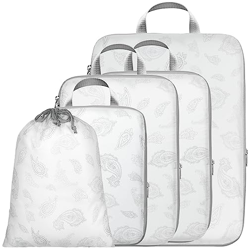 Cambond Compression Packing Cubes for Travel, 5 Pack Luggage Expandable Packing Organizers Compression Cubes for Suitcases with Laundry Bag, White Teardrop-shaped Texture