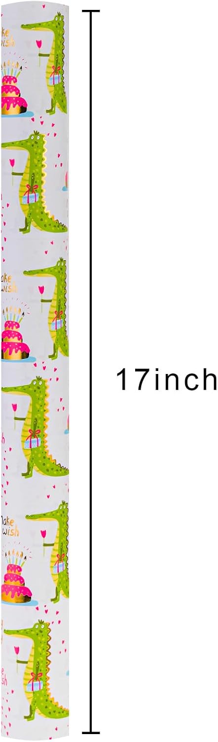 Condition photo showing New/Like New for Retrify Wrappping Paper Roll, Cute Crocodile Happy Birthday Gift Wrap Paper, Metallic Gold Foil Birthday Cake Thick Packing Paper - 17 Inches x 32.8 Feet Multi Crocodiles 17in x 32.8ft