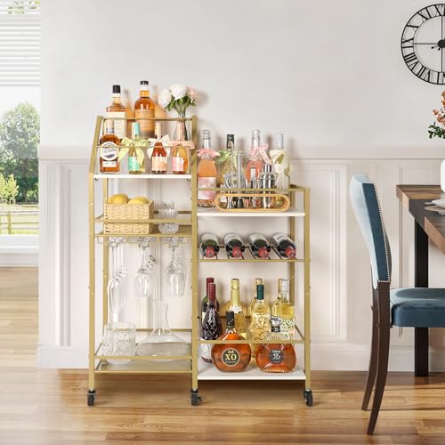 Image of VINAEMO Gold Bar Cart With Wine Glass Holder, Stand for Home, Small Mini Bar for Whiskey Wine, Liquor Cart, Alcohol Cabinet for Kitchen, Dining Room