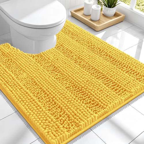 Image of Smiry Thick Chenille Toilet Rugs U-Shaped 24x20, Extra Soft Absorbent Striped Contour Bathroom Rugs, Machine Washable, Dry Quickly, Bath Mat, Yellow