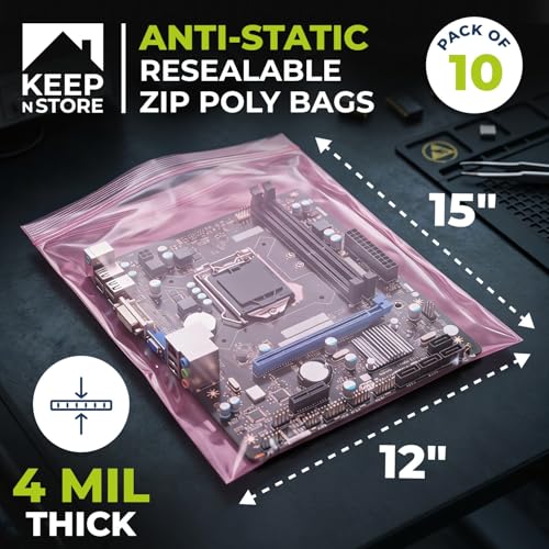 12" x 15" Pink Anti-Static Resealable Poly Bags, Pack of 10 - ESD Safe 4 Mil Plastic Bags for Electronics & Computer Parts, Industrial Anti-Static Packaging, Double-Track Zip Seal by Keep N Store - Used condition - Image 2