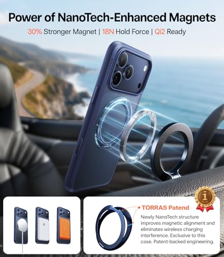 Image of TORRAS Upgraded 360 Magnetic Stand for iPhone 17 Pro Max Case Blue | Fit for MagSafe with Ring, 4X Mil-Grade Protection, Camera Control, Translucent Slim for iPhone 17 Pro Max Case, Deep Blue
