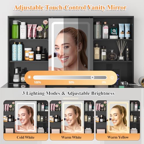 47\'\' W Large Vanity Desk with Mirror and Lights, 8 Storage Shelves 7 Drawers Vanity Table, Big Makeup Vanity Desk with 3 Lighting Modes, Vanity Dresser with Charging Station, Sliding Mirror (Black)