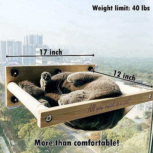 FuneeTop Poleiro de Madeira para Janela de Gato, 5 Ventosas de Tamanho Grande-Limite de Peso de 40 L