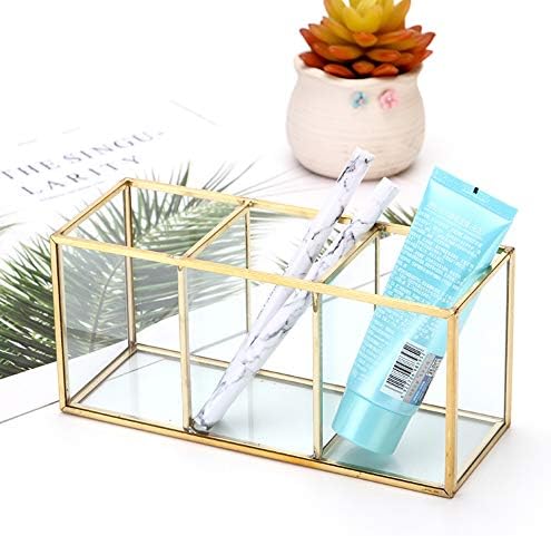 Chenyi Gold Glass Makeup Brush Holder Clear Decorative Pen Pencil Holder Beauty Display 3 Compartments Practical Cosmetic Organiser Home Bathroom Desktop Storage
