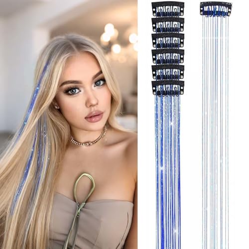 Hair Tinsel Clip in Tinsel Hair Extensions, 6Pcs 21.11In Fairy Glitter Hair Tinsel for Women Sparkle Heat Resistant Festival Hair Accessories for Halloween, Christmas, New Year, Party, Cosplay