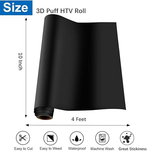 Miniatura 2 de KISSWILL Vinilo de transferencia de calor 3D negro, rollos de vinilo espumoso de 10 x 48 pulgadas para camisetas, compatible con Silhouette Cameo o