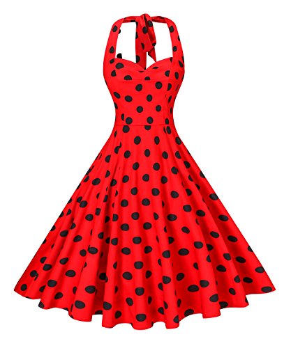 V Fashion Women's Rockabilly 50s Vintage Polka Dots Halter Cocktail Swing Dress Red and Black