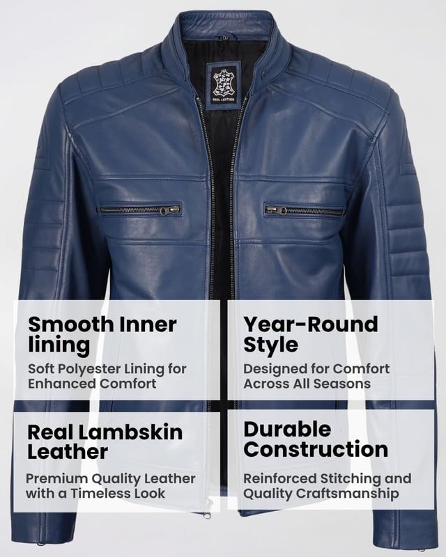 Image of Blingsoul Men's Leather Jacket - Real Lambskin Motorcycle Cafe Racer Biker Style Jacket