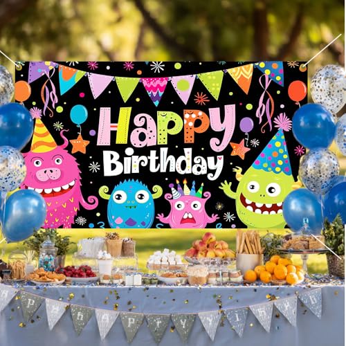 Image of Happy Birthday Backdrop Funny Monster Black Background Photography Background 70.8x43.3in Kids Party Decorations Boys Girls
