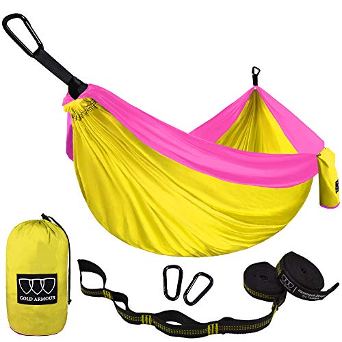 Gold Armour Camping Hammock - USA Brand Single Parachute Hammock (2 Tree Straps 10 Loops/20 ft Included) Lightweight Nylon Portable Adult Kids Hammock, Best Camping Accessories Gear (Yellow/Pink)