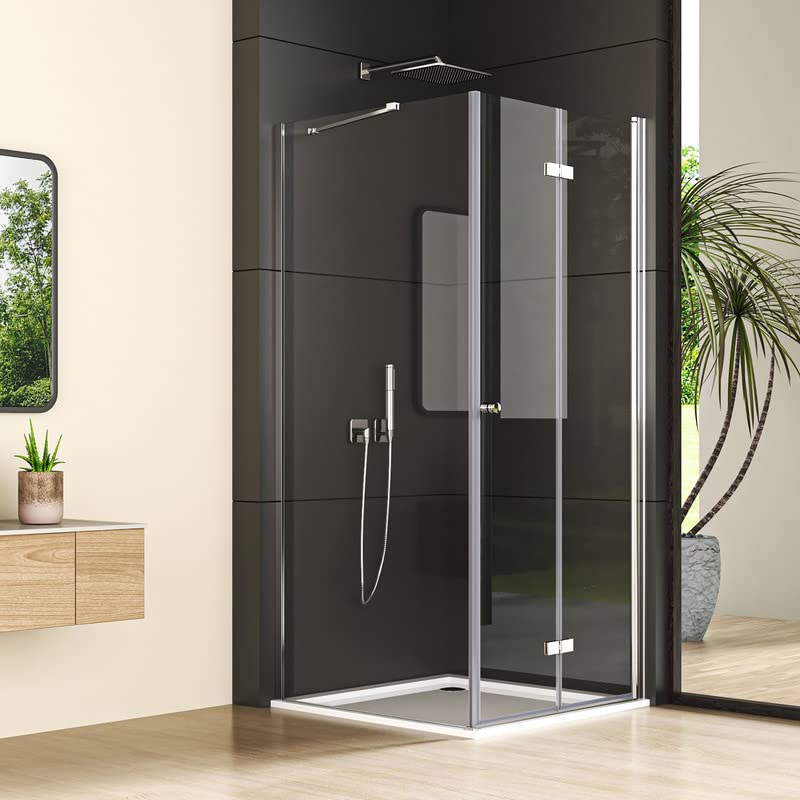 Duschkabine Falttür mit Seitenwand 90x90cm Eckeinstieg Duschabtrennung, Silber Drehfalttür mit festem Seitenteil, beide Seiten faltbar Duschwand mit 6mm ESG Glas, Höhe 185cm
