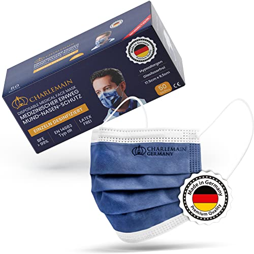 Charlemain 50 Piezas Mascarilla quirúrgica, EN 14683 tipo IIR, protección médica de la boca y la nariz, BFE  99%, 3 capas, resistente a las salpicaduras, inodoro, sin látex, Azul Marino