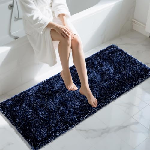 Image of Yimobra Long Bathroom Rugs Runner 60x24 Inch, Extra Thick Soft Absorbent Chenille Bath Mat, Non Slip Machine Washable, Quick Dry Bath Rugs for Bathroom Floor, Tub and Shower, Dark Blue
