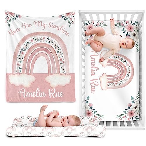 Duckbe Personalized Girl Crib Bedding Set for Infant Baby: Custom Name Nursery Decor Flower Rainbow Pink Baby Blanket Fitted Crib Sheet Changing Pad Cover 3 Pcs(Fixed Size)