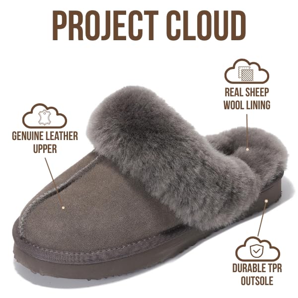Project Cloud Genuine Leather Slippers for Women Footwear with Real Sheep Wool Lining Womens Clogs & Mule - Non-Slip Indoor/Outdoor Scuff Womens Slippers with Memory Foam Insole (Henka)