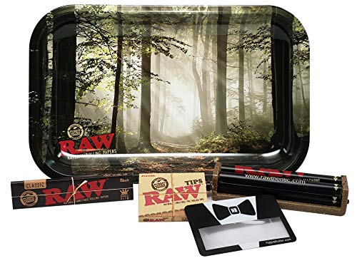 RAW Rolling Tray Small (Smokey Forrest) with RAW Black King Size Slim Rolling Papers, RAW 110mm Adjustable Roller, RAW Pre Rolled Tips and Hippie Butler Magnifying Scoop Card