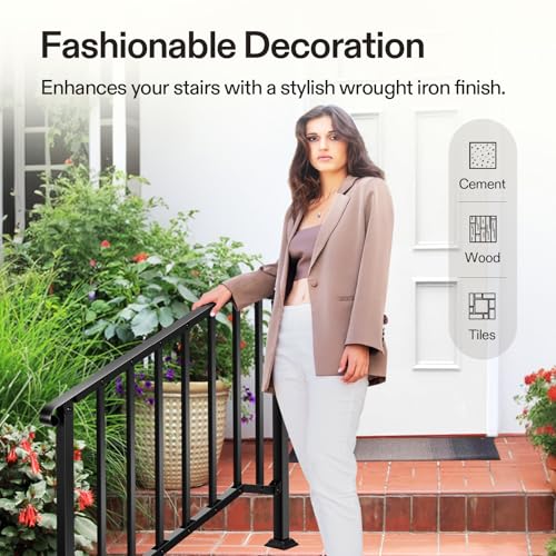 Image of VIVOSUN 4-Step Railing 54 inchx36 inch Wrought Iron with Curved & Balusters Black | Sturdy wrought iron handrail with curved ends and balusters for elderly; rustproof black; full hardware; for porch and deck