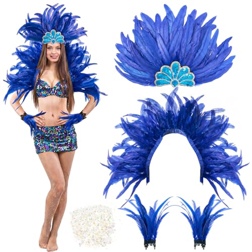 Canlierr Feather Costume Set Feather Shawl Headpiece Wristbands Rhinestone Fishnet Stockings Confetti for Samba Carnival(Blue)