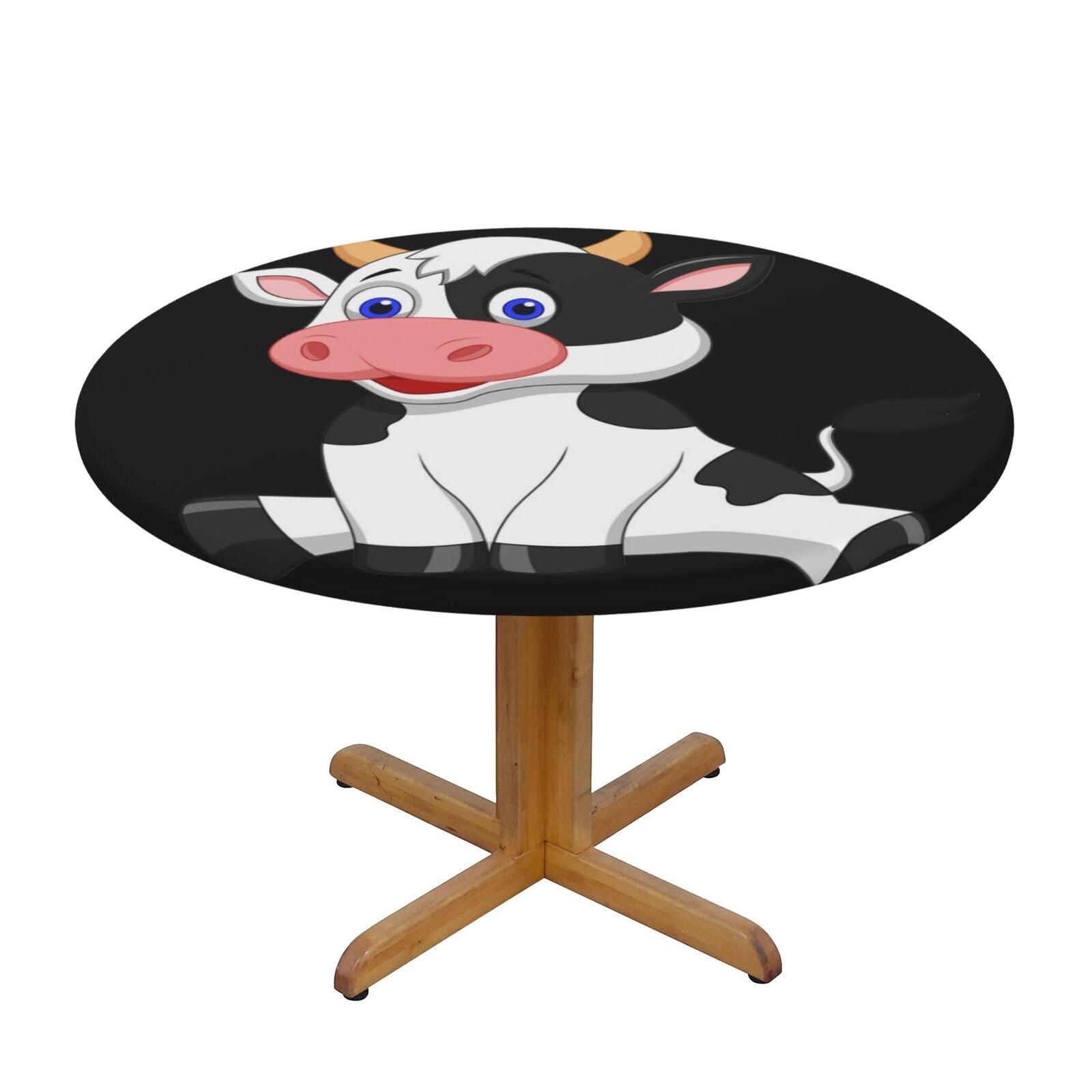 Ffshkowe Dairy Cow Elastic Round Tablecloth Oil Proof Table Cover For Dining Party Picnic