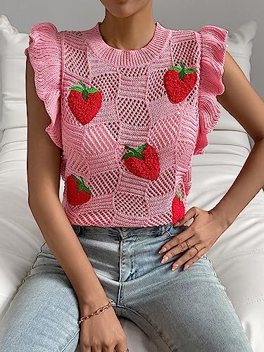 Milumia Women's Strawberry Sweater Vests Ruffle Trim Sweater Tank Top Crew Neck Knit Vest4