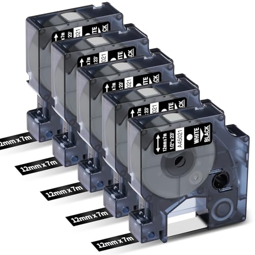 Oozmas A45021 Ruban pour Étiqueteuse Compatible avec Dymo D1 12 mm x 7 m Blanc sur Noir 45021 Compatible avec Dymo LabelManager 160 210D 260P 280 360D 420P