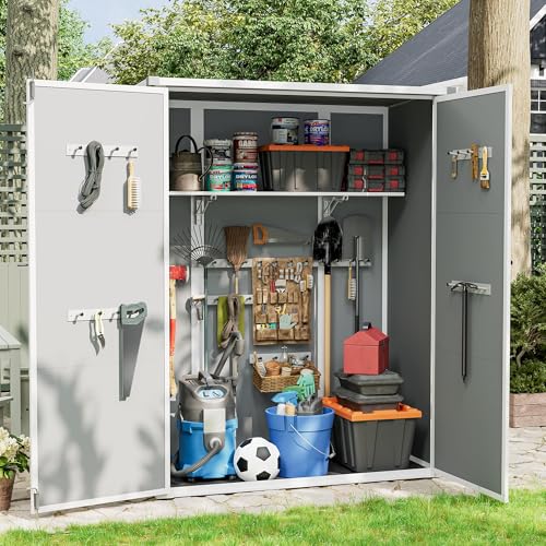 Image of UDPATIO 51 Cu.ft Resin Outdoor Storage Shed with Floor, Weatherproof Vertical Plastic Tool Shed with Shelving Brackets for Backyard&Pool&Lawn&Garden, Grey