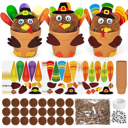 Cinrobiye 24 Set Thanksgiving Turkey Craft Kits DIY Thankful Turkey Flower Pot Making Kit Decorative Turkey Pots Art for School Classroom Activities Home Decoration Festival Gifts Party Favor Supplies