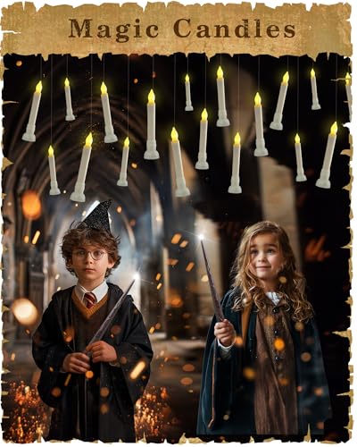 Image of Amagic Batteries Included Floating Candles with Wand Remote, 12pcs Flickering Warm Light Flameless Taper Candles, Magic Hanging Candles with Base for Birthday Party, Halloween Decorations