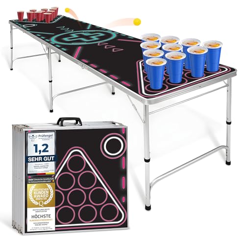 GOODS+GADGETS Table de Beer Pong Pliable - avec 100 gobelets Rouges et 6 balles de ping-Pong - Table de Beer Pong réglable en Hauteur et résistante aux...