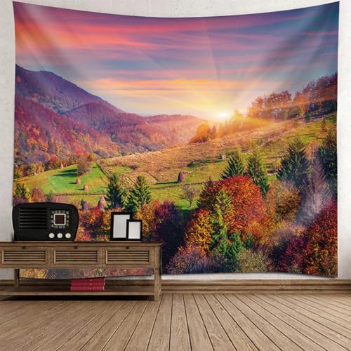 Tapiz de pared de 150 x 150 cm con paisaje de montaña que aporta amplitud al dormitorio