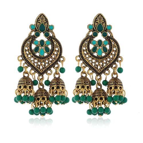 Boho Chandellier Jhumka Statement Dangle Earrings for Women Vintage Large Flower Ball Bead Tassel Drop Dangling Earring Indian Bollywood Jewelry Holiday Festival Christmas (Gold-Tone Green) by Dtja - Used condition - US$7.72