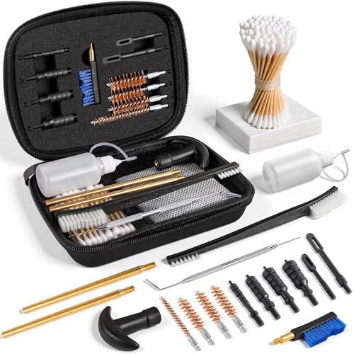 GLORYFIRE Gun Cleaning Kit Fits .22 .357/9mm .38 .40 .45 Cal Handguns & Pistols Compact Carrying Case Multiple Styles with Brass or Plastic Jags & Tips for Shooting and Range (Basic Black)