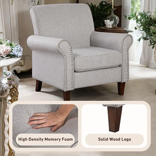 Prilinex Upholstered Living Room Chair Set of 4 - Large Comfy Fabric Accent Chair Single Sofa with Cushion, Rolled Armrest & Nailhead Trim, Mid Century Modern Armchair for Bedroom, Office, Grey - Image 6