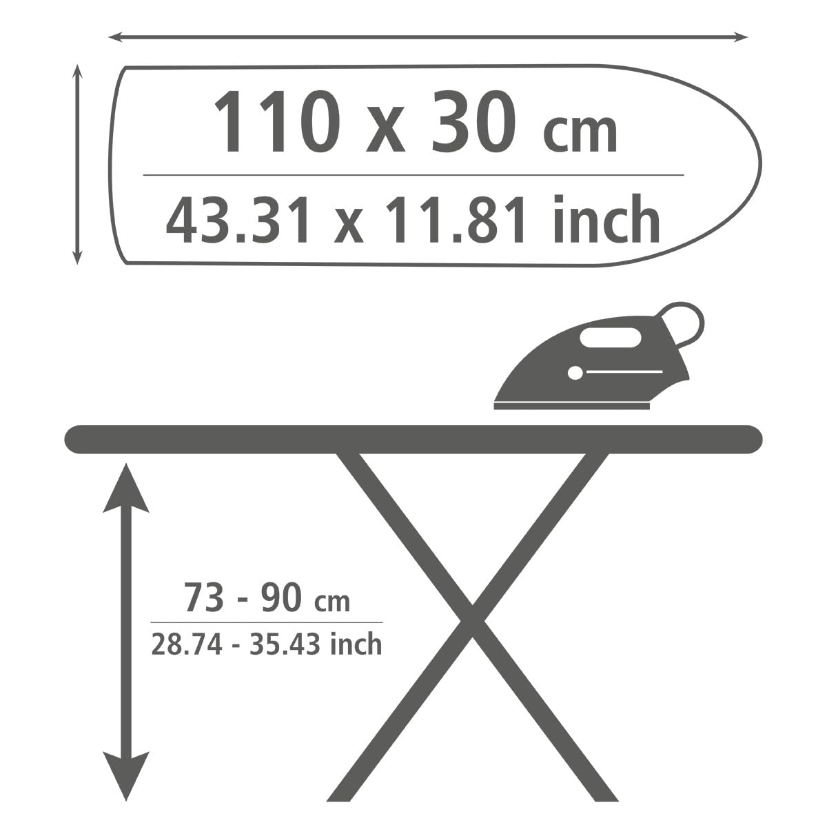 WENKO Bügeltisch Base, solides Einstiegsbügelbrett, dampfbügelgeeignet, höhenverstellbar 73-90 cm, Rundrohr Ø 20 mm aus pulverbeschichtetem Metall, Bügelfläche 110 x 30 cm, 5 mm Polsterung