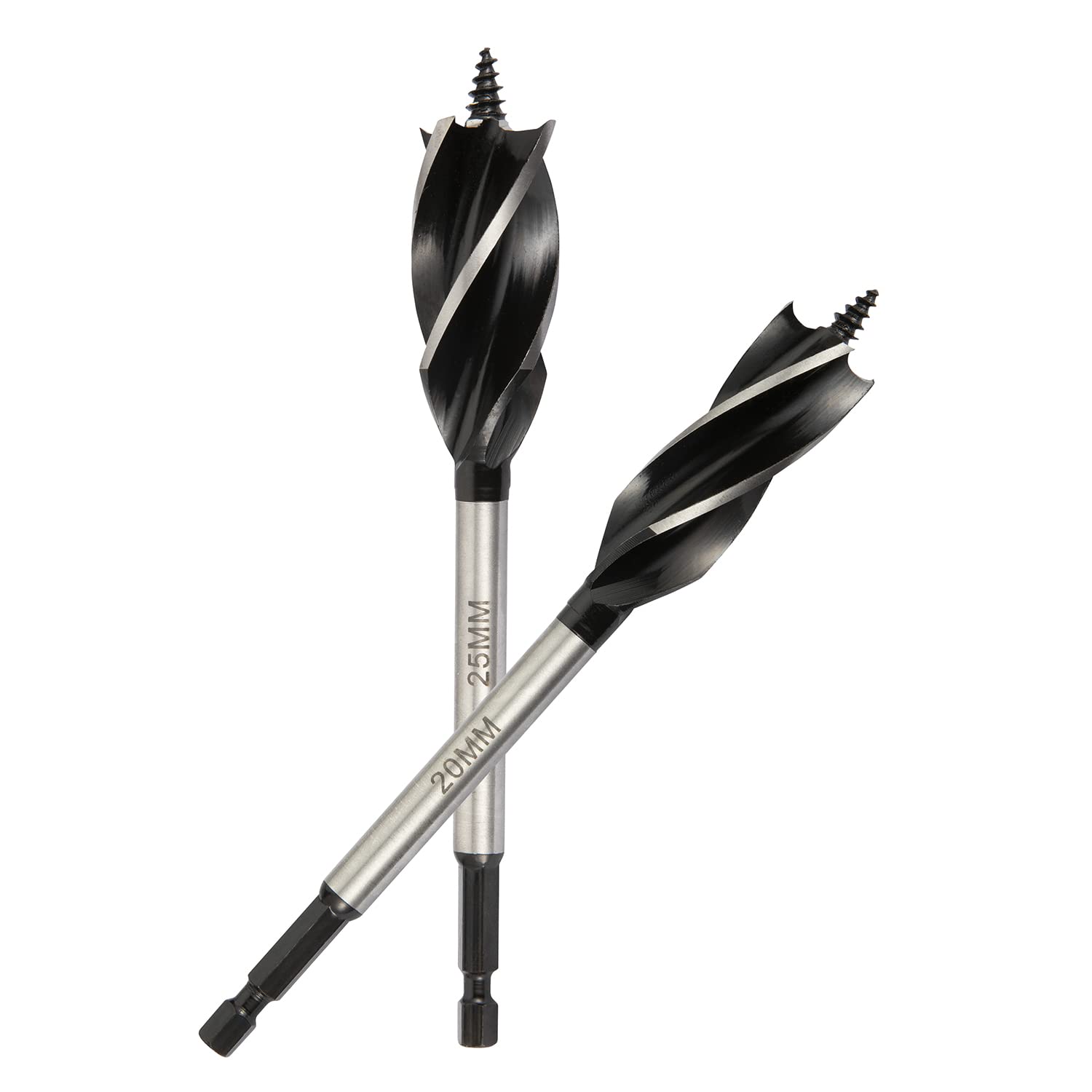 Set di punte per legno, 8 pezzi, 10 mm, 12 mm, 14 mm, 16 mm, 18 mm, 20 mm, 22 mm, 25 mm, codolo esagonale da 6,35 mm, ricco di carbonio, acciaio a taglio rapido