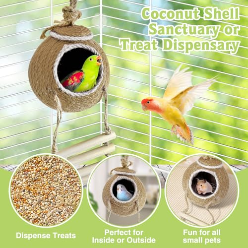 Image of Tfwadmx Coconut Hide with Ladder, Natural Coconut Fiber Hanging Birdhouse Cage, Handmade Sisal Rope & Coconut Bird Shell Breeding Nest for Parrot Parakeet Lovebird Finch Canary (2 Pcs Brown)