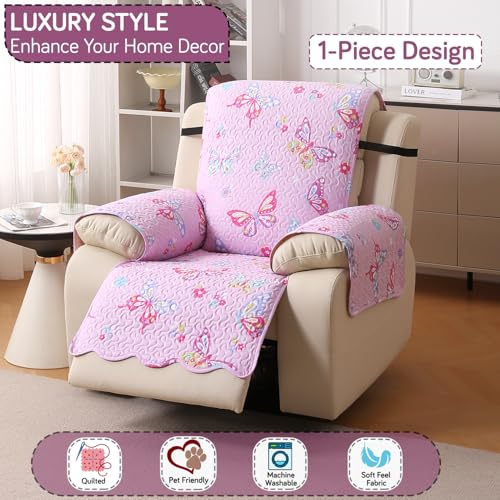 Image of HOKIPO 'FloraWave Series' Recliner Sofa Slipcover Mat for 1 Seater | 1-Piece Design & Dual Belt Protection to Avoid Slipping of Cover, Blush Pink Butterfly (AR-6264-D4)