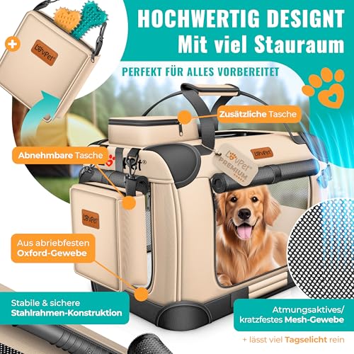 LOVPET® Transportbox Hund Katze Transporttasche XXXL 102x70x70cm | Hunde-Tragetasche Faltbare Katzentasche | Haustier-Transportbox inkl. Hundenapf & Schultergurt | für Katzen & Hunde Beige