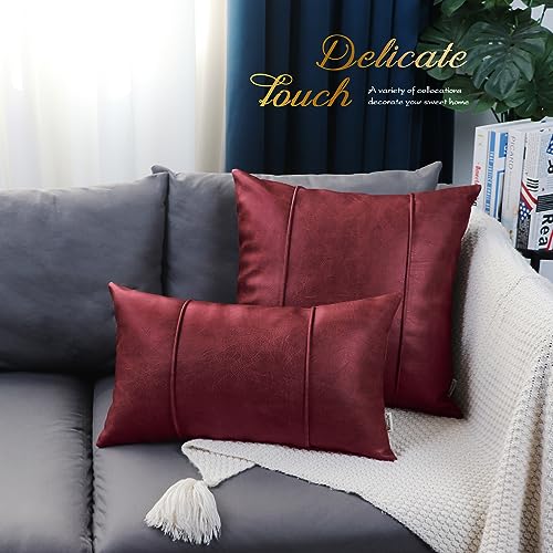 Image of BRAWARM Burgundy Leather Throw Pillow Covers 22 X 22 Inches - Faux Leather Pillow Cover with Piping, Hand Stitched Leather Throw Pillow for Couch Sofa Bed Living Room Home Decorative