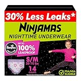 Ninjamas Ropa interior nocturna para mojar la cama para niñas, talla S/M (38-70 libras), 14 unidades, protección durante la noche, ultra absorbente, hipoalergénica
