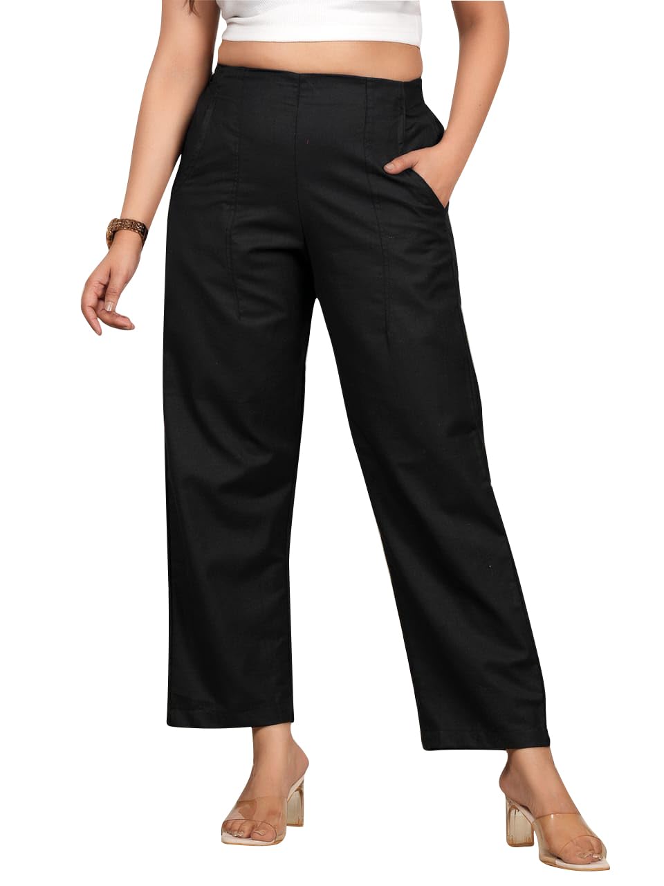 Black Women's Cotton Linen Printed Pyjama/Loungewer(P-88546BLACK-L)-image-30