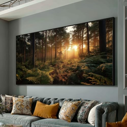 XINBAO Lienzo con un amanecer dorado en el bosque, arte mural de pinos, decoración paisajística, pintura de helechos y luz solar, obra de arte con escena de bosque (55 x 110 cm/marco interior)