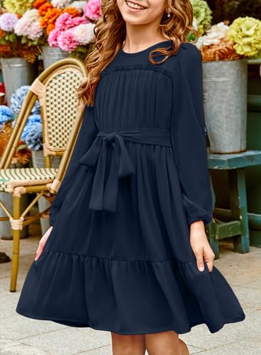 blibean Tween Girls Semi Formal Long Sleeve Dresses with Belt Size 6-15 Years3