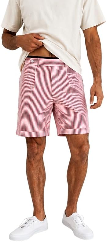 Mens Summer Seersucker Shorts Striped Pleated Front Beach Shorts