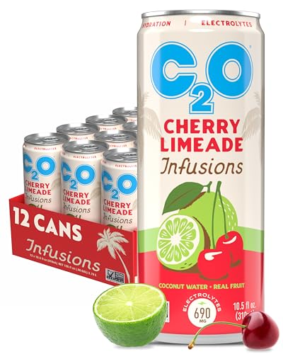 C2O - Coconut Water Infusions - Cherry Limeade (12 Pack) - 700mg of Electrolytes - Made with Fresh Coconut Water + Real Fruit Juice - Plant Based Natural Hydration, Non GMO - 12 Slim Cans, 10.5 fl oz